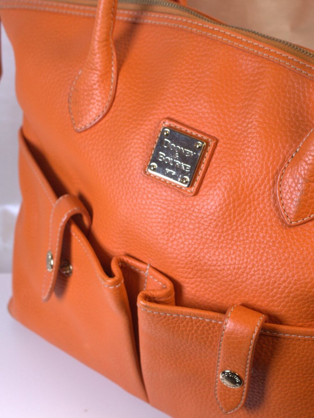 Dooney & Bourke Pebbled Leather Orange Tote Front Pocket Zip Top Bag
